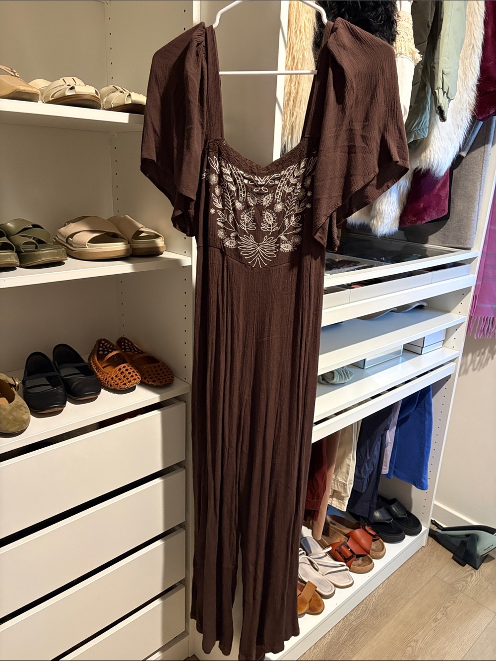 Brown Embroidered Flutter-Sleeve gauzy jumpsuit